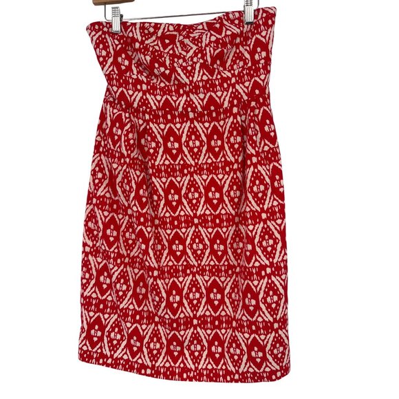 J. Crew Womens Red White Geometric Cotton strapless dress Size 8 lined - Picture 1 of 5